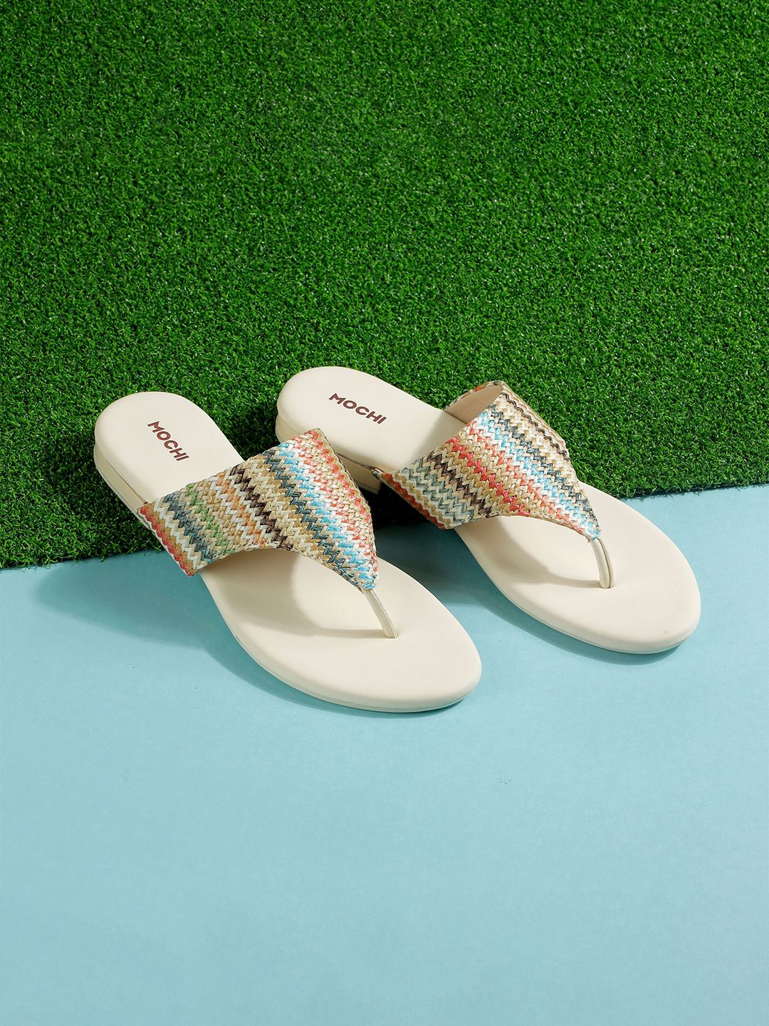 Mochi Women Woven Design T-Strap Flats