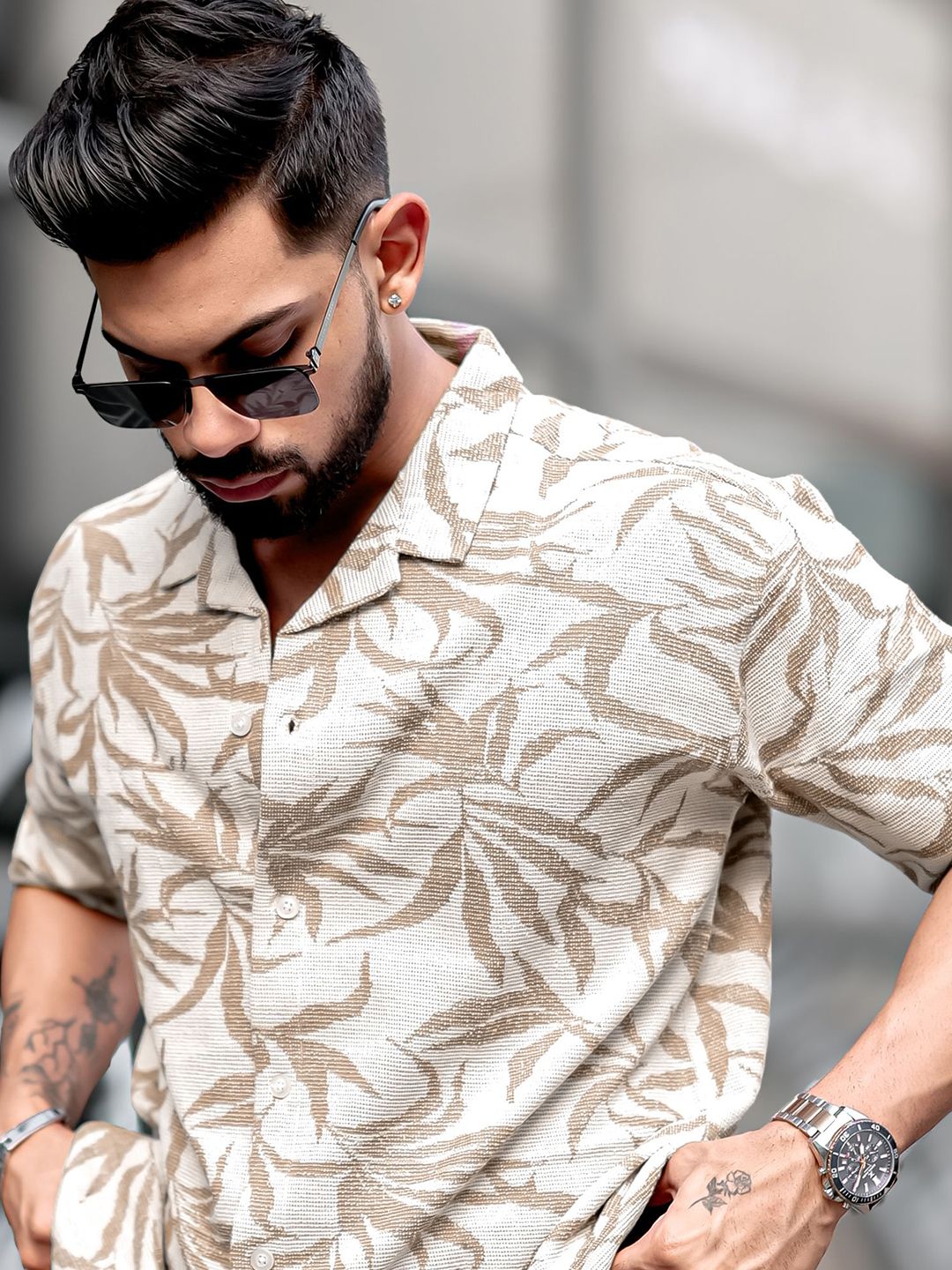 Maniac Maniac Men Comfort Oversized Fit Floral Printed Cuban Collar Cotton Casual Shirt