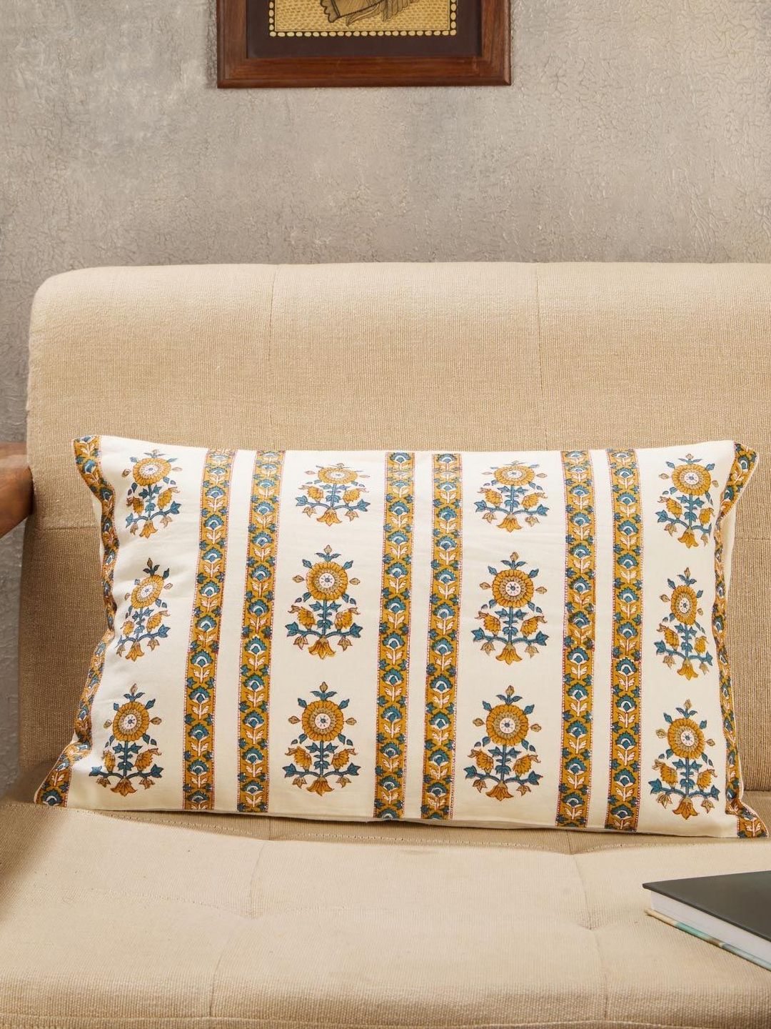 Fabindia Fabindia Nafisa White & Brown Printed Cotton Rectangle Cushion Cover