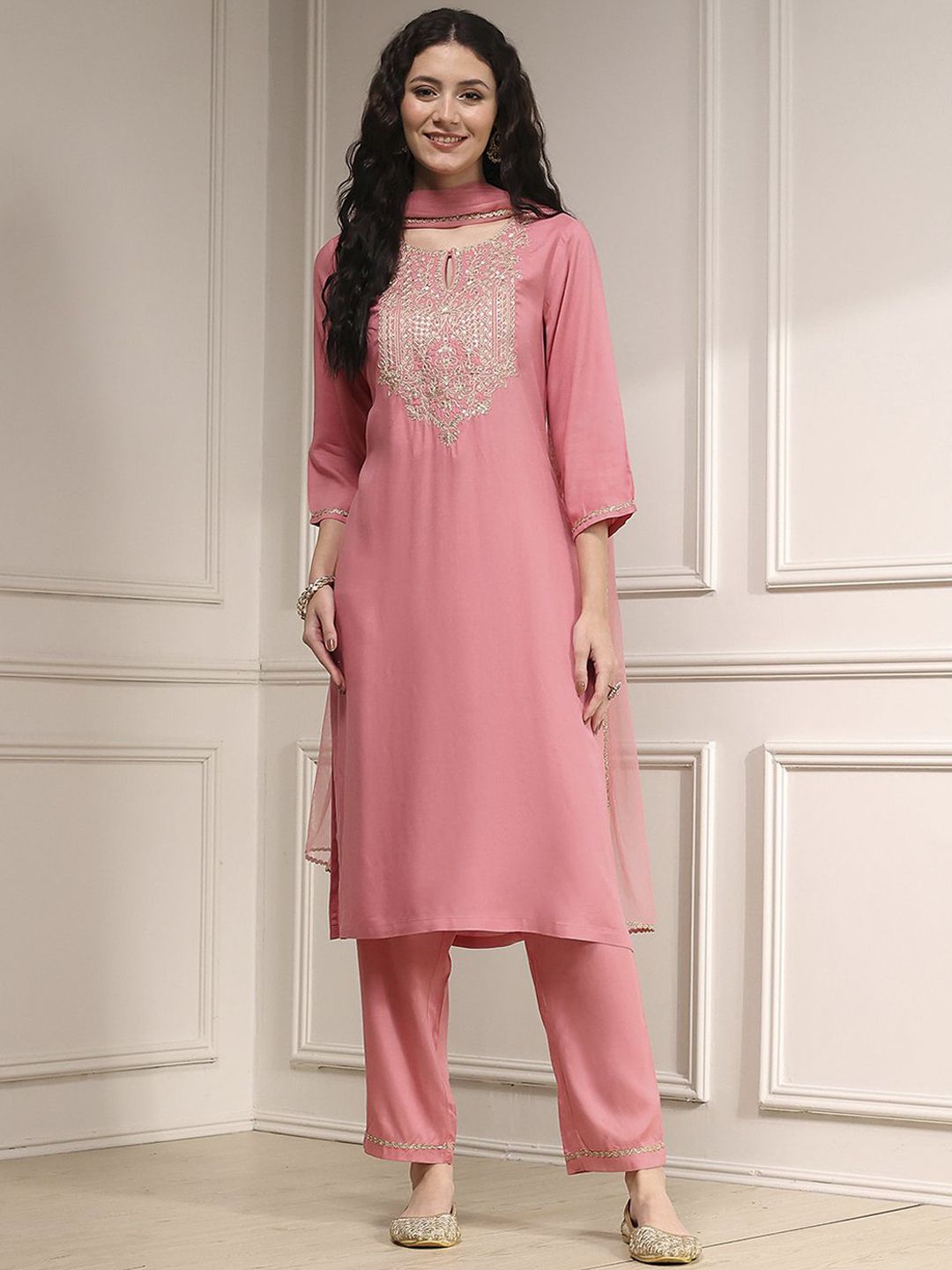 Biba Biba Women Solid Yoke Design Kurta with Trousers & Dupatta