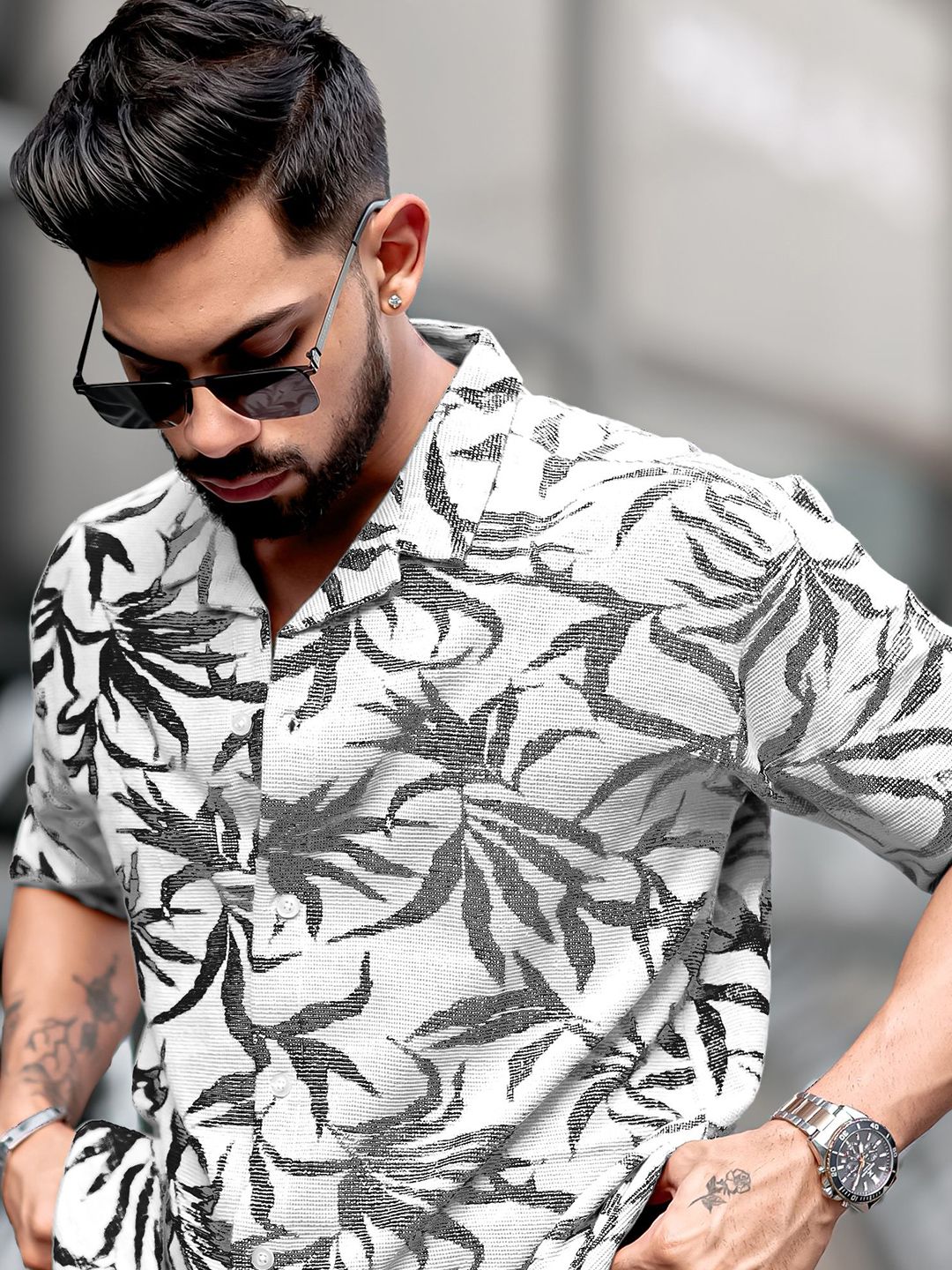 Maniac Men Comfort Oversized Fit Floral Printed Cuban Collar Cotton Casual Shirt