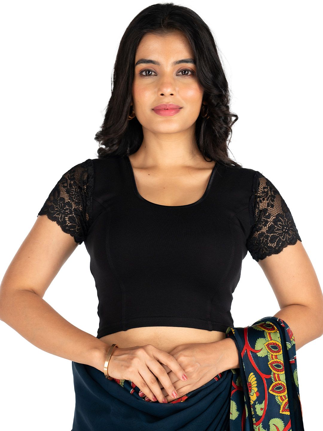 Abhi Women U Neck Solid Cotton Lycra Stretchable Half Sleeve Readymade Saree Blouse