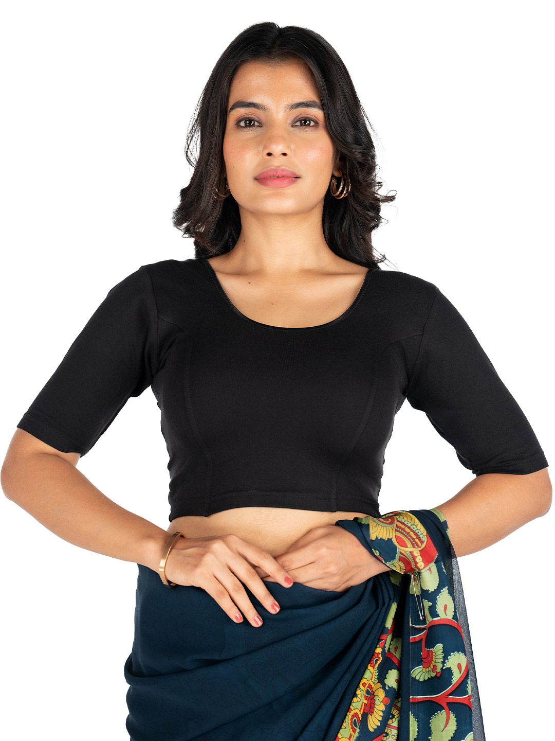 Abhi Women U Neck Solid Cotton Lycra Stretchable Half Sleeve Readymade Saree Blouse