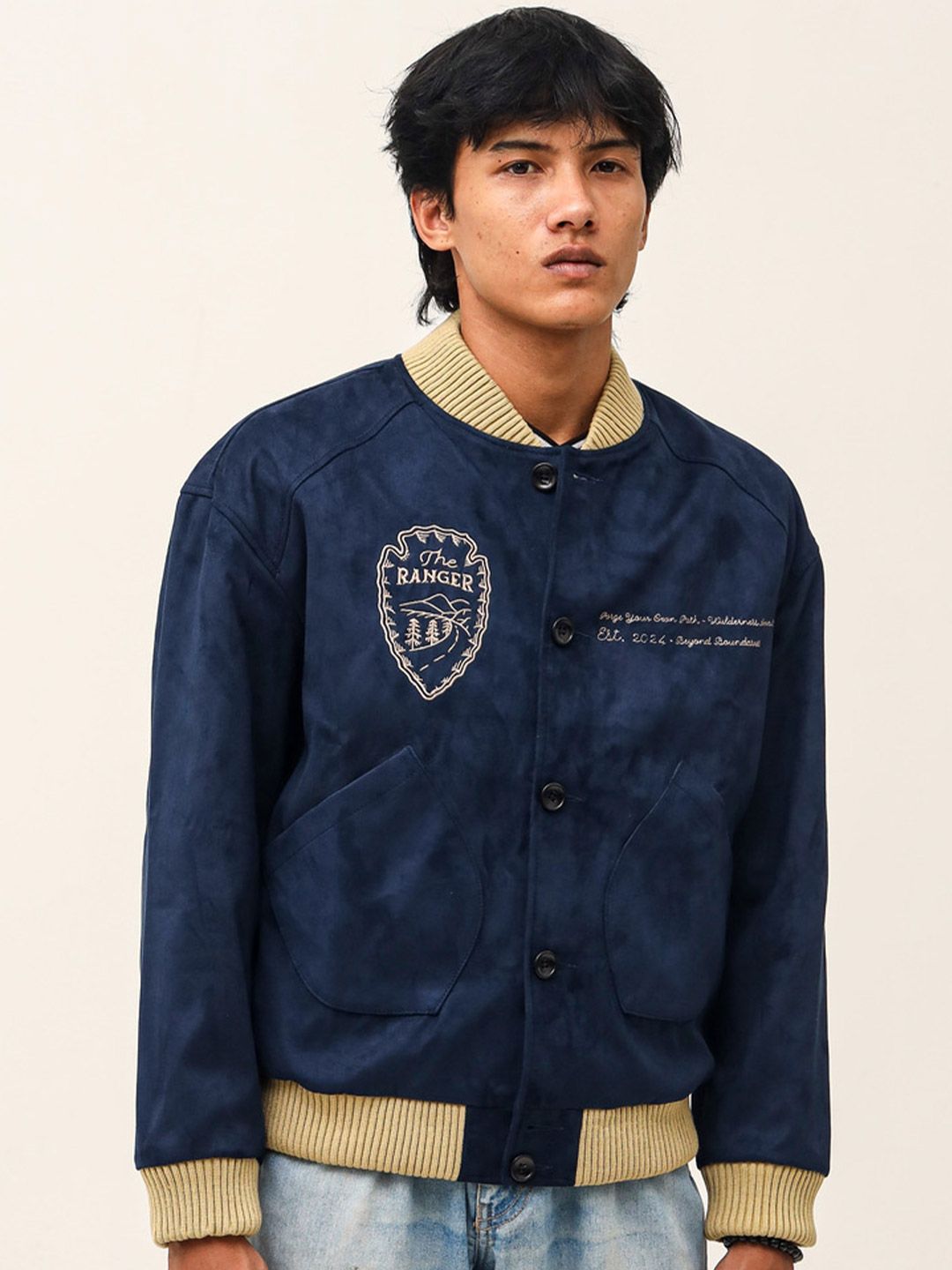 KALICO Self Design Mandarin Collar Varsity Jacket