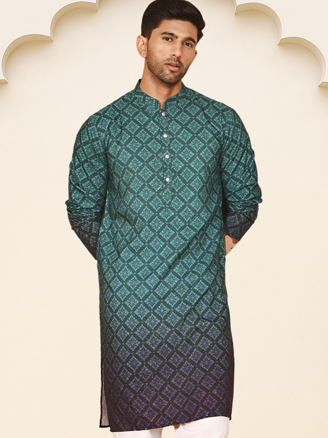 Jompers Men Ethnic Motifs Printed Ombre Festive Cotton Straight Kurta