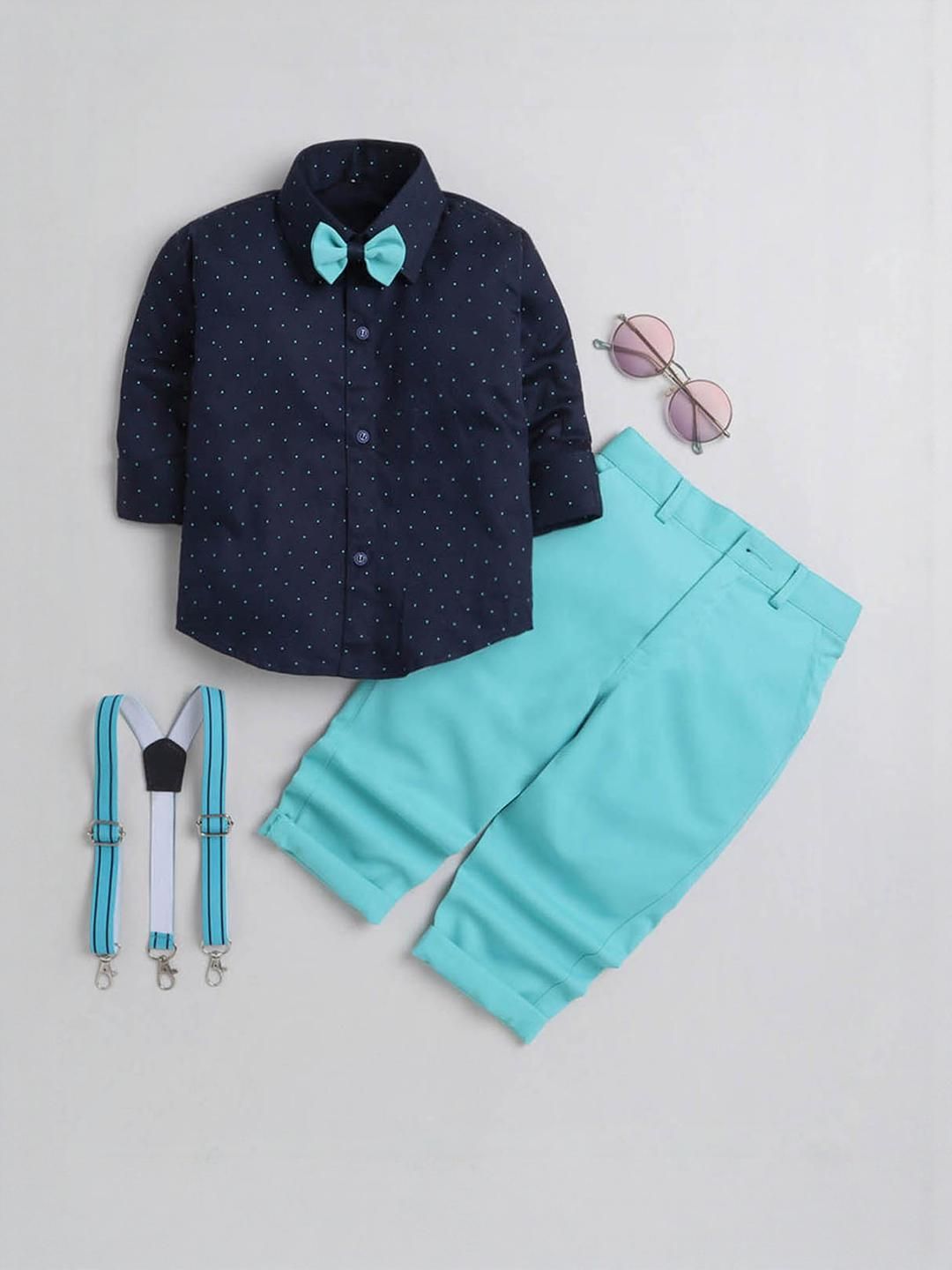 Navy and Turquoise Polka Dot Print Shirt and Pant Formal Set with Bow and Suspender