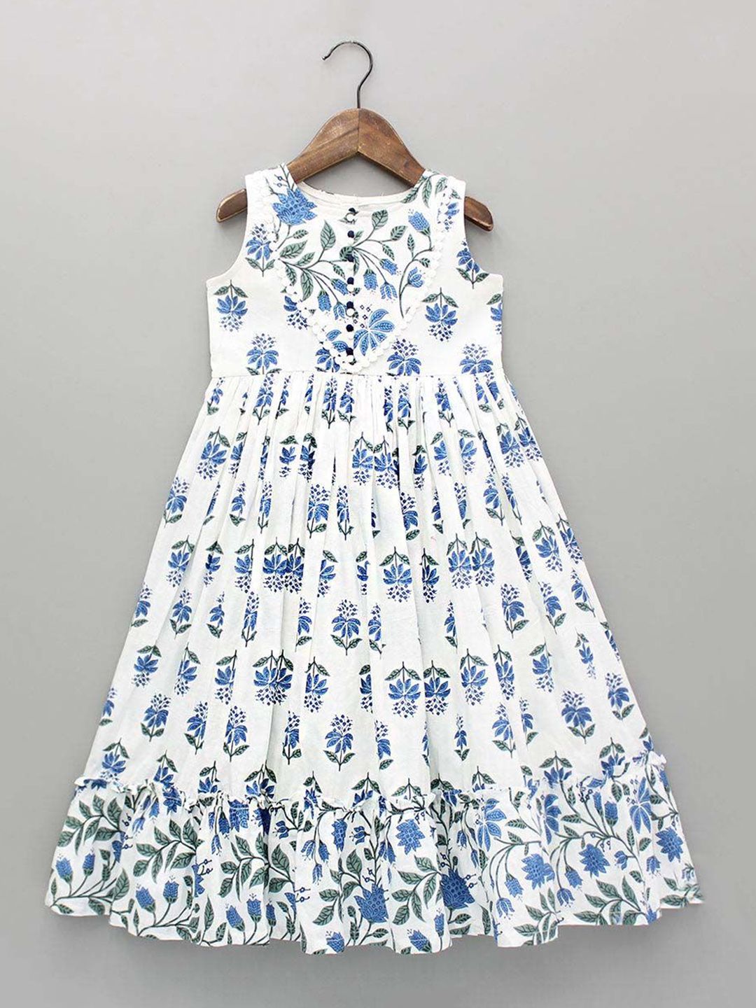 White World Girls Floral Printed Round-Neck Fit-Flared Ethnic Dresses