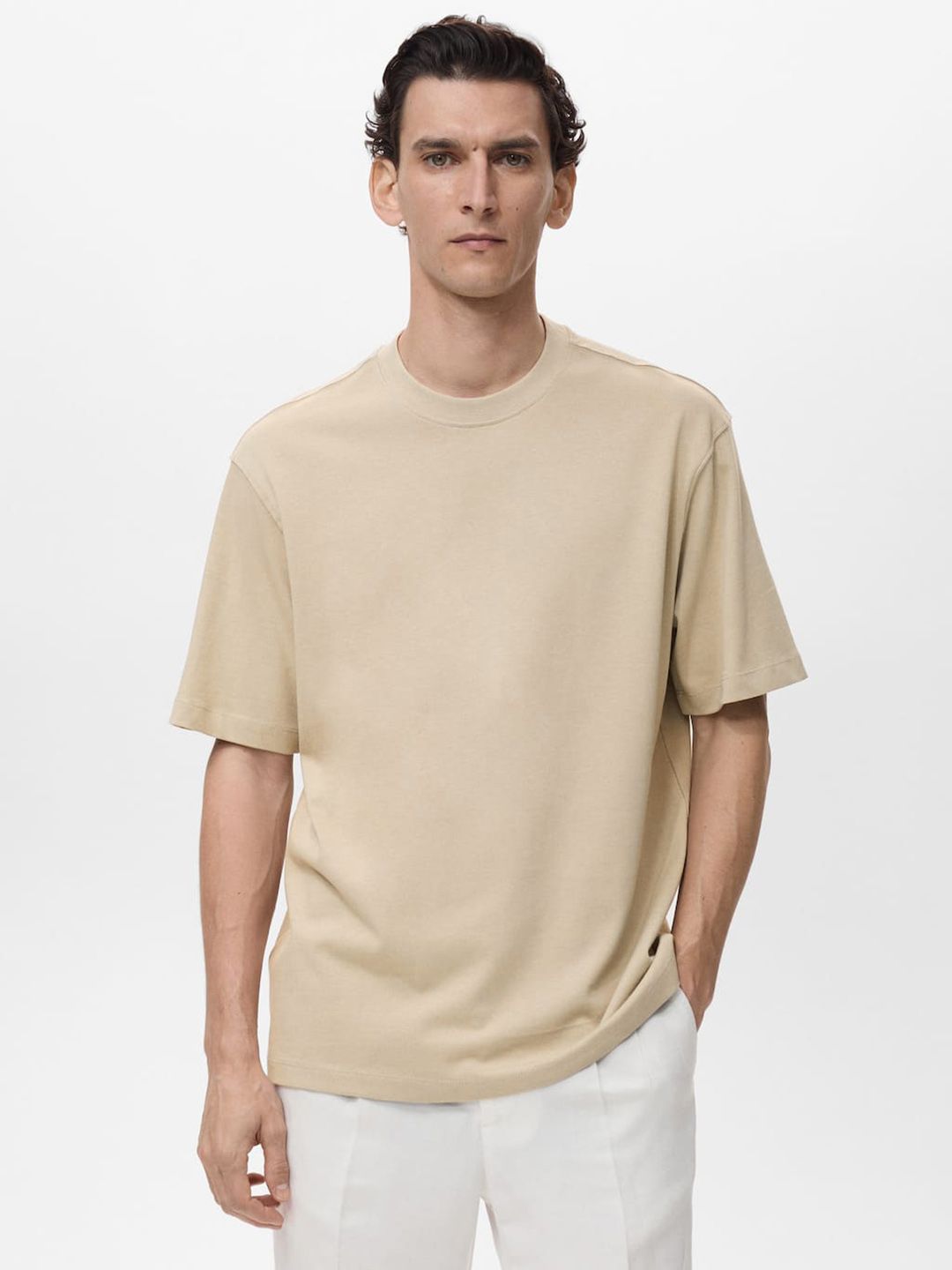 MANGO MAN Drop-Shoulder Sleeves Pure Cotton Relaxed Fit T-shirt