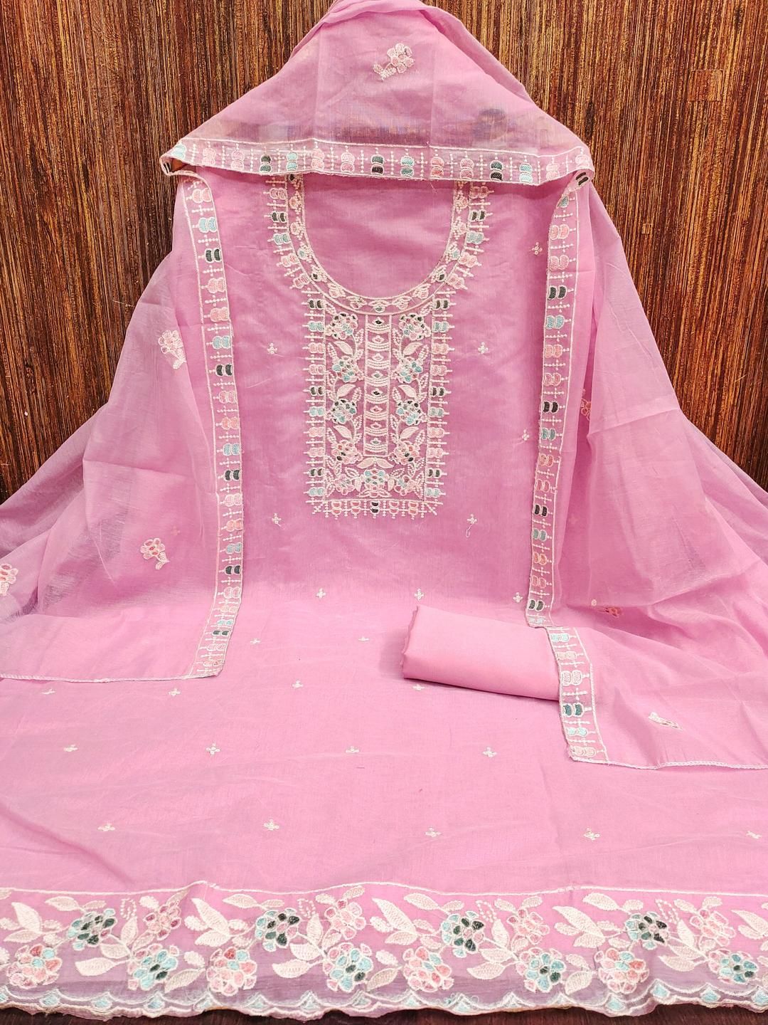 KALINI Women Pink Embroidered Geometric Dress Material