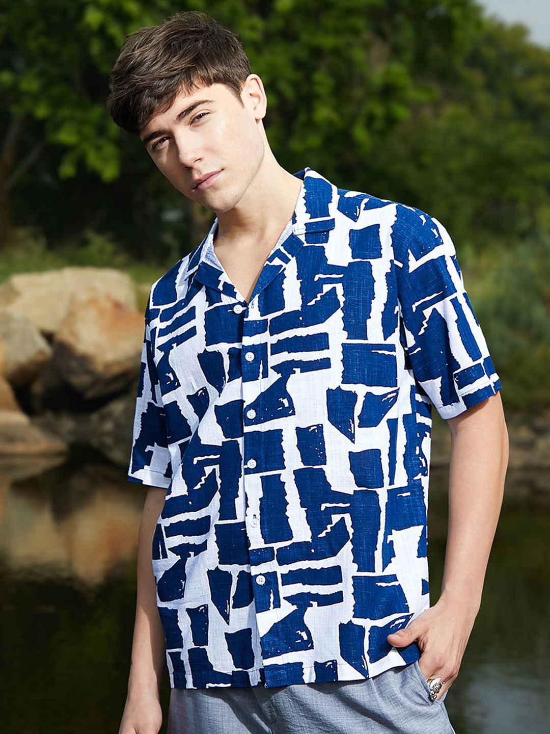 CAHOOT Men Comfort Fit Abstract Printed Cuban Collar Casual Shirt
