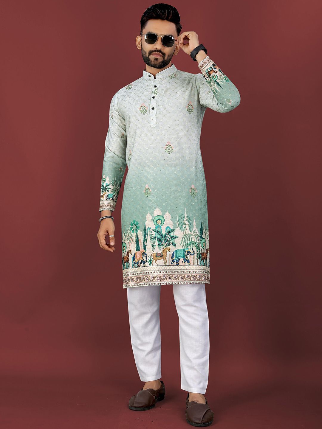 LADY BERRY Men Ethnic Motifs Printed Thread Work Band Collar Kurta