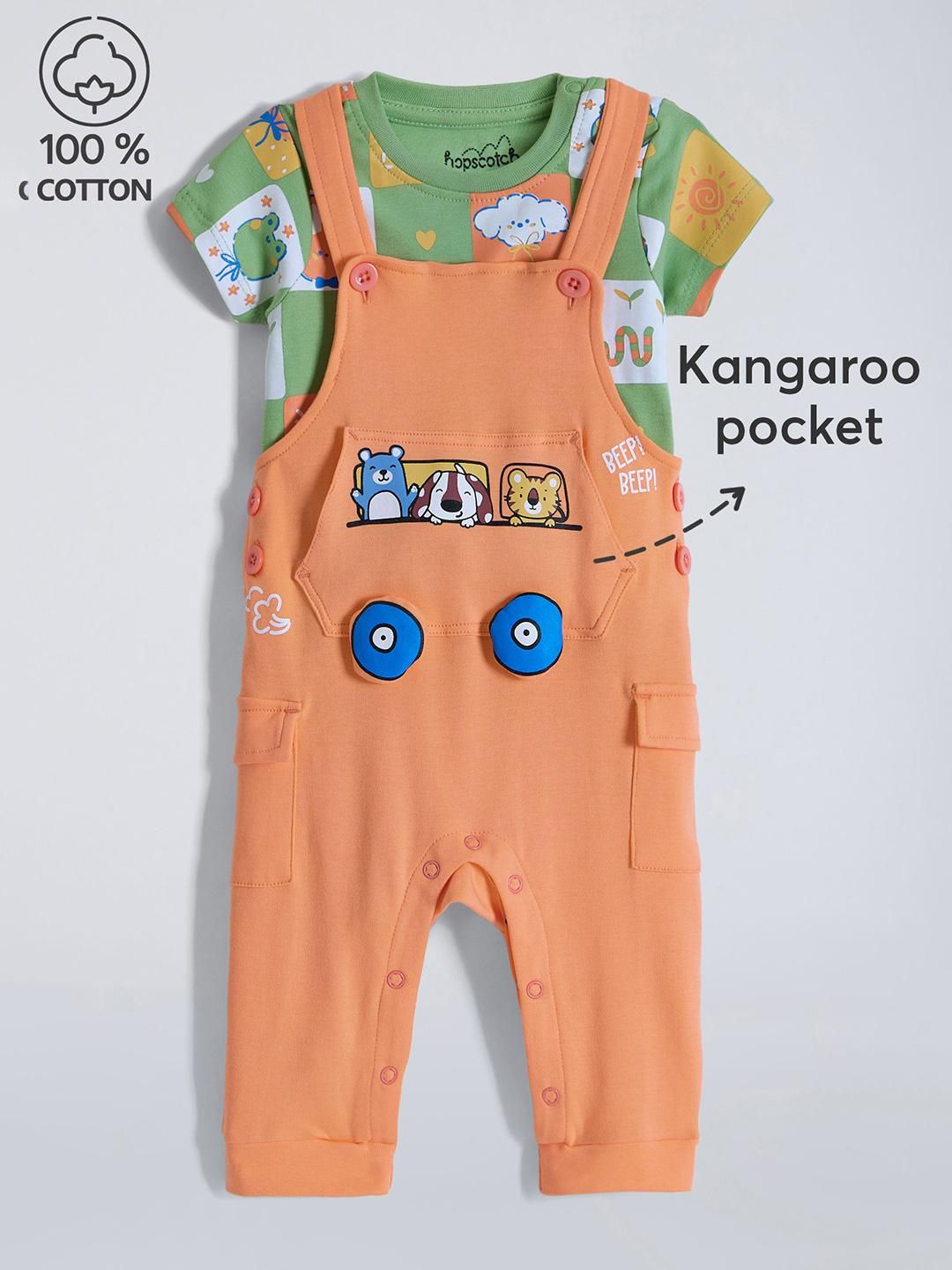Hopscotch Girls Green Pure Cotton Printed Clothing Set