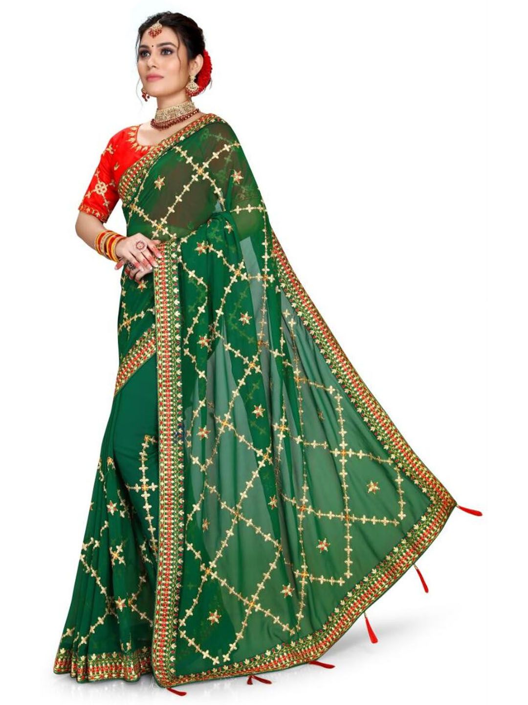 AKSH FASHION Green Poly Georgette  Sarees