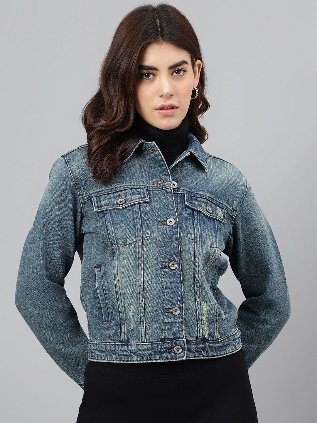 Buy Xpose Women Spread Collar Solid Pure Cotton Denim Jacket