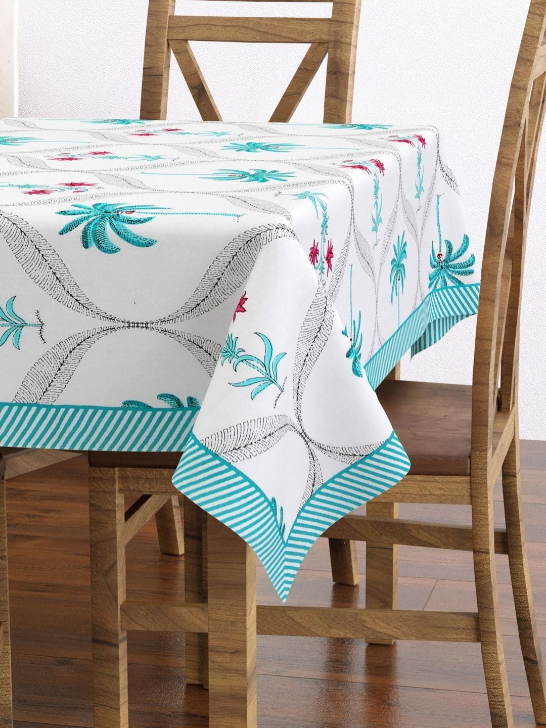 BLOCKS OF INDIA Turquoise Blue Ethnic Motifs Cotton 6-Seater Table Cover