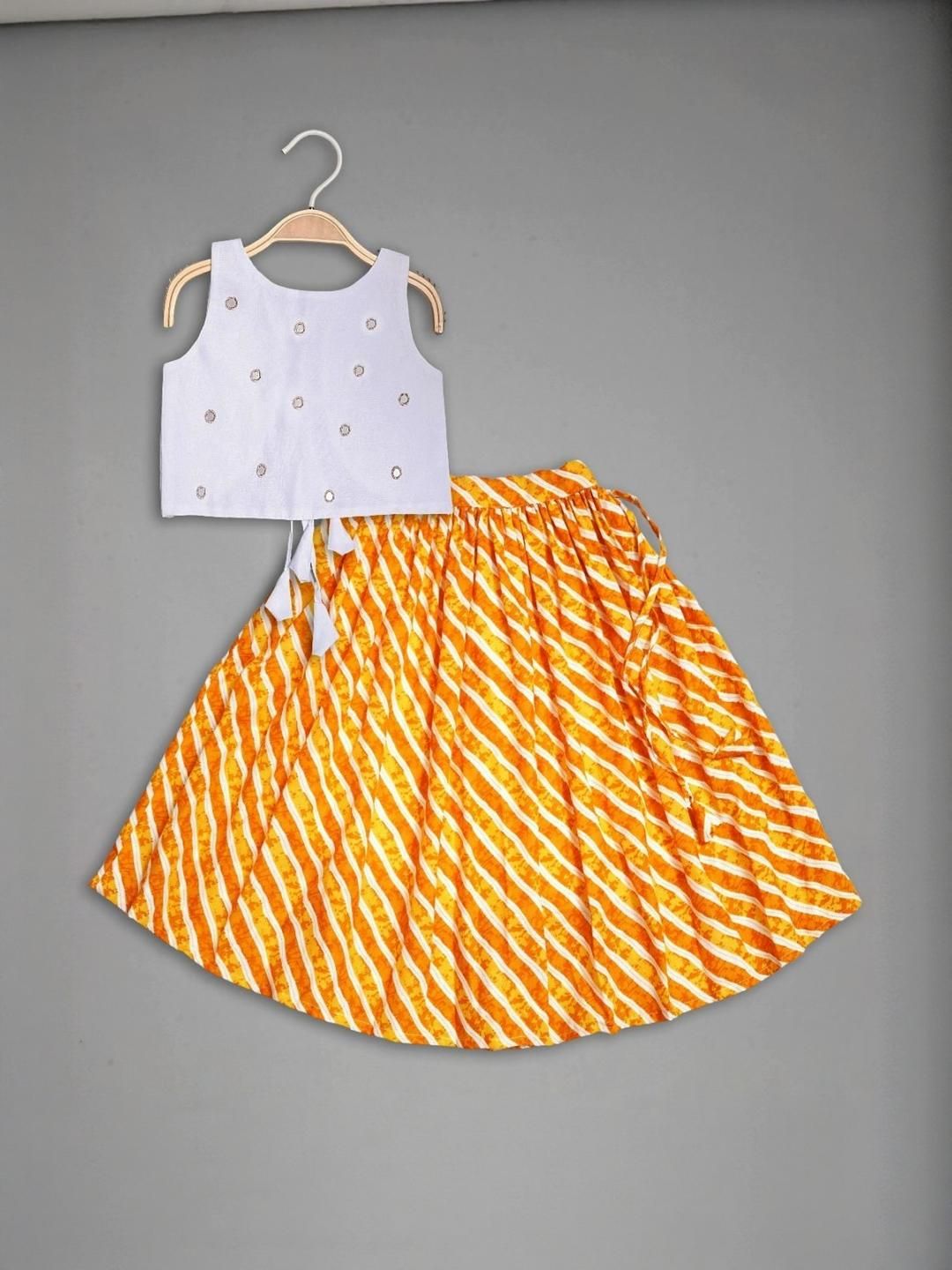 IRSIA Girls Yellow Mirror Work Leheriya Printed Ethnic Ready to Wear Lehenga Choil