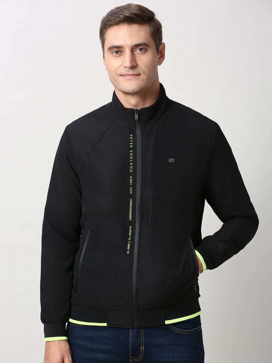 Peter England Casuals Men Stand Collar Solid Bomber Jacket