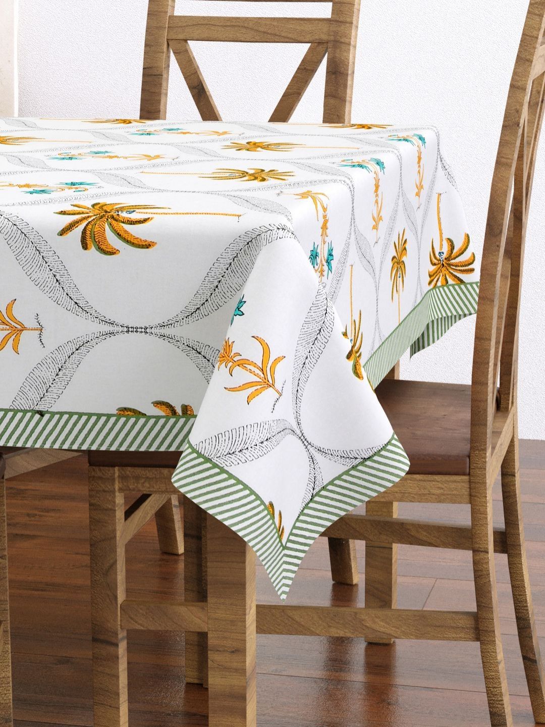 BLOCKS OF INDIA White Ethnic Motifs Cotton 6-Seater Table Cover