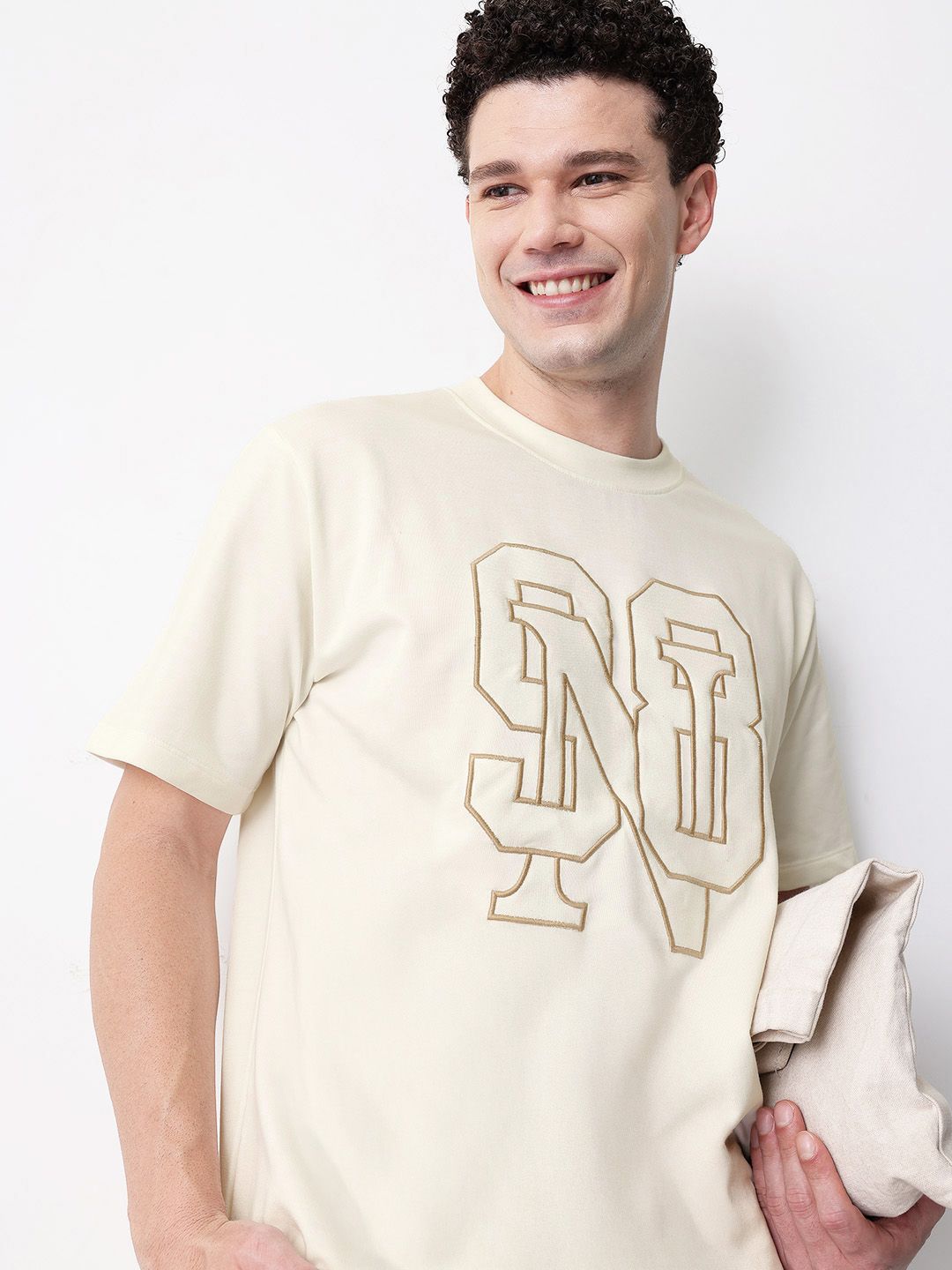 Mast & Harbour Aoplique Typography Drop-Shoulder Sleeves T-shirt
