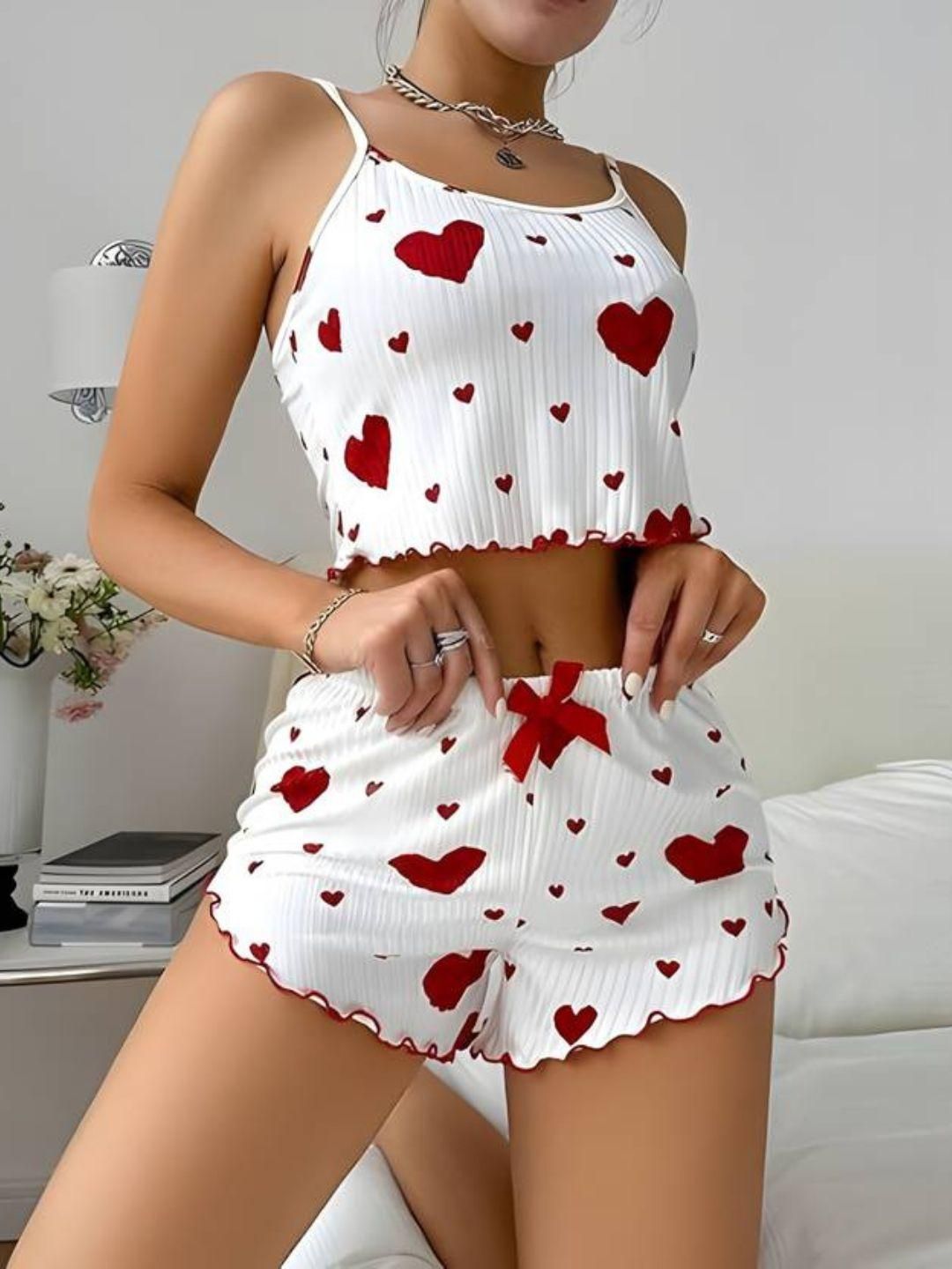 For You For Me Women Red Heart Shaped Printed Cotton Blend Shoulder Straps Night suit