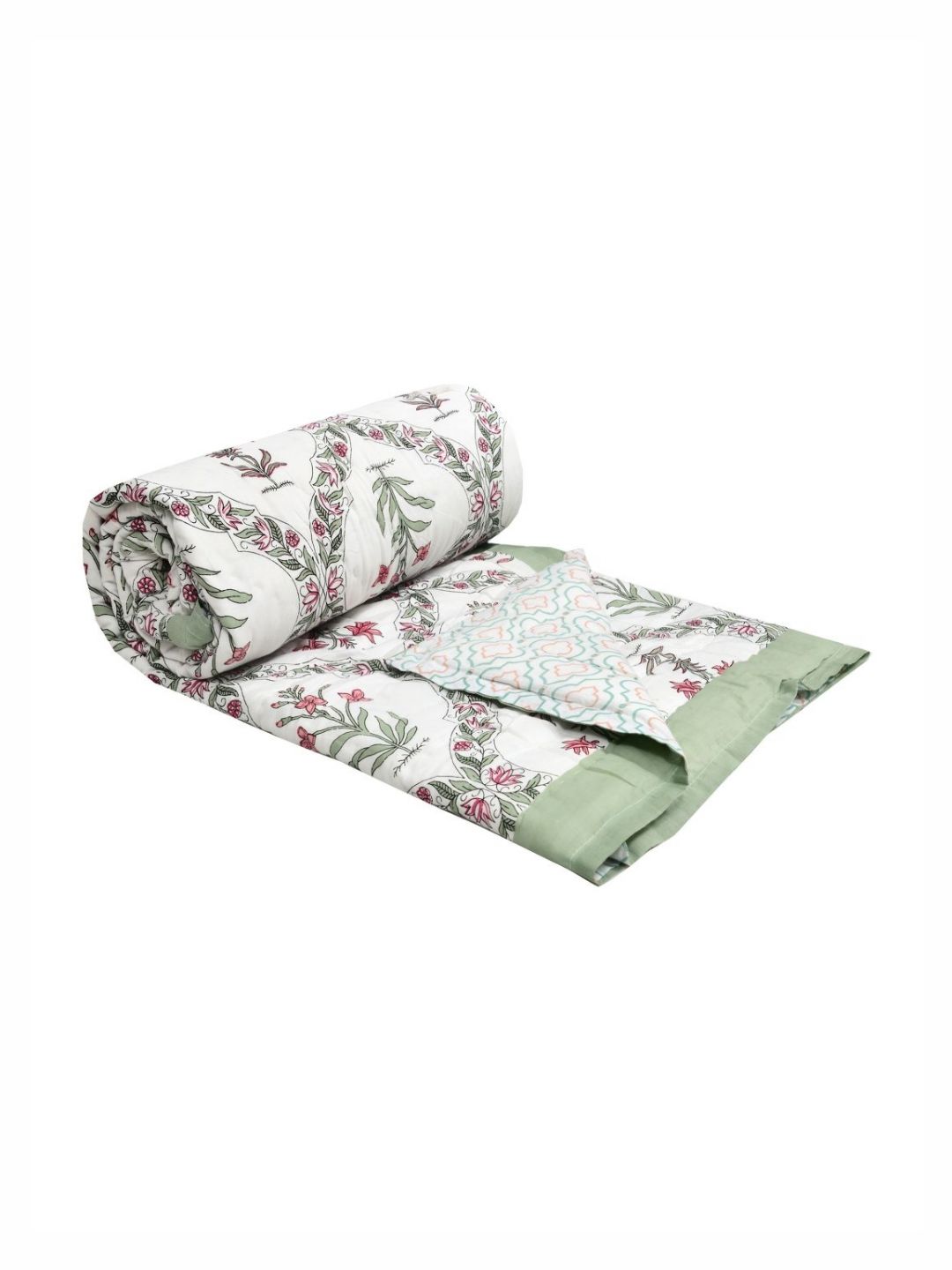 BLOCKS OF INDIA Green & Pink Printed Pure Cotton AC Room 350 GSM Single Bed Quilt