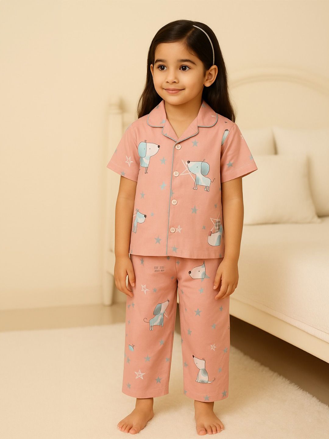 Wish Karo Girls Pink & White Printed Night Suit