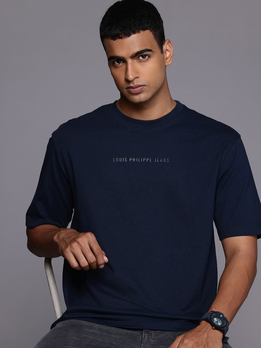 Buy Louis Philippe Jeans Brand Logo Printed Drop-Shoulder Sleeves