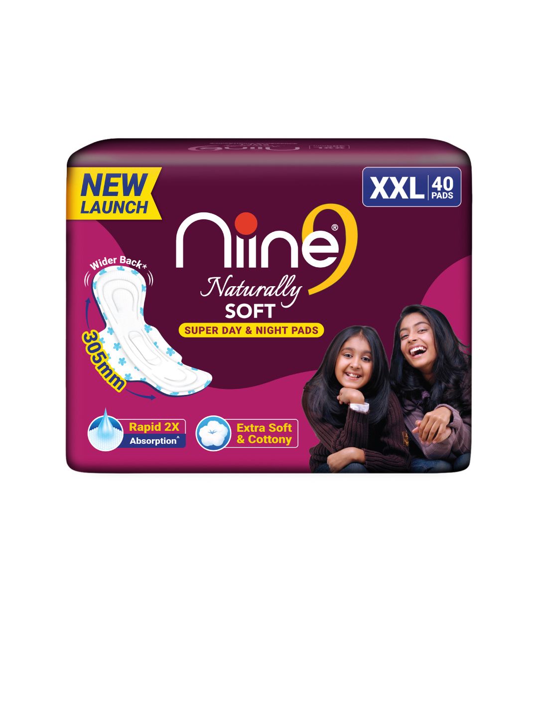 Niine Naturally Soft Cotton 2X Absorption Antileak Flow Sanitary 40 Pads - XXL