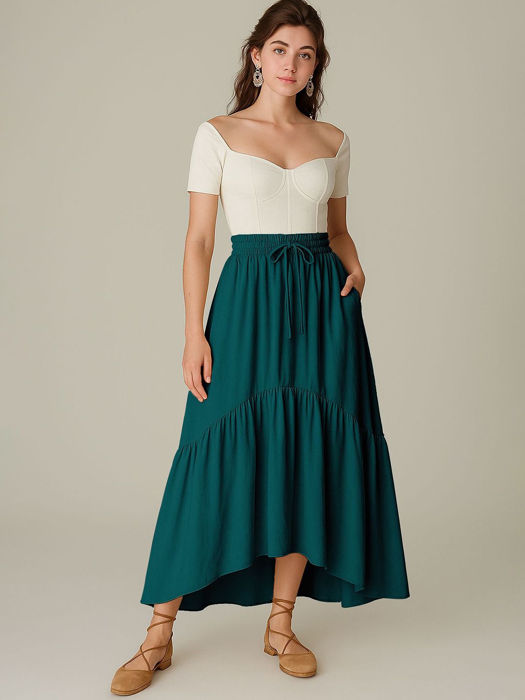 Moomaya Women Renaissance Style Tiered Maxi Skirt With Pockets