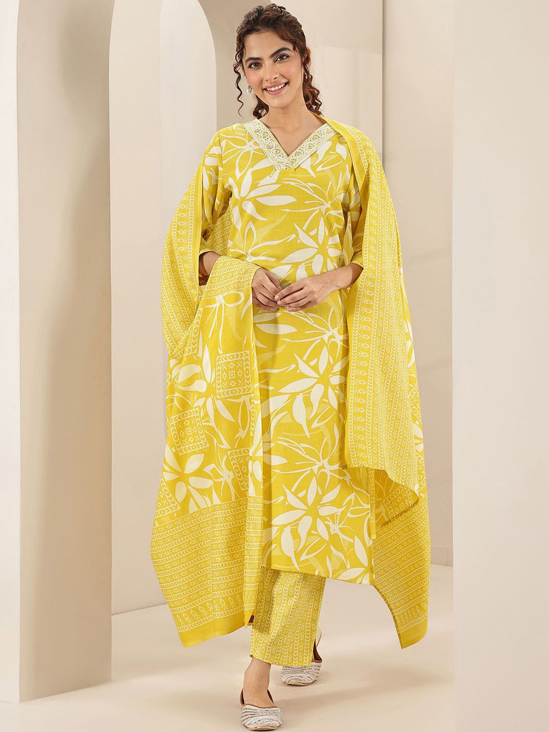 Floral Printed Kurta Set Gerua By Libas Floral Printed V Neck Thread Work Straight Kurta With Trousers & Dupatta