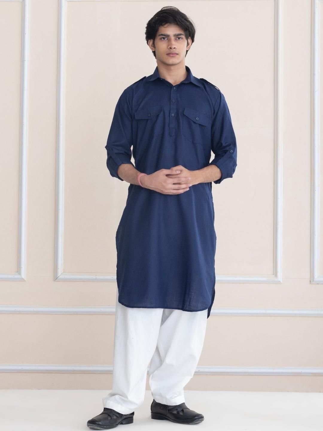 APPIX Men Navy Blue Cotton Pathani Kurtas
