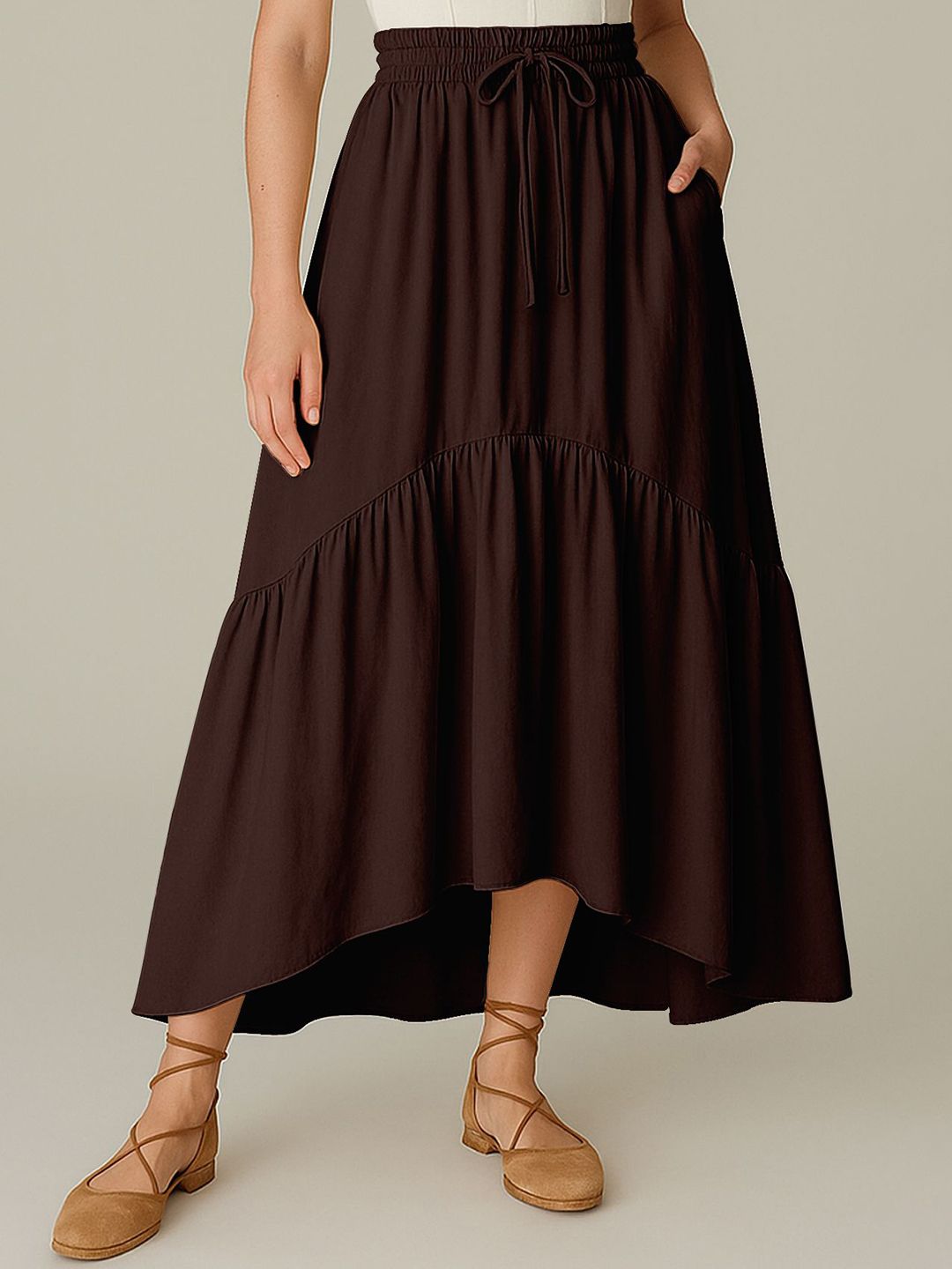 Moomaya Women Tiered High-Low Midi Skirts With Pockets