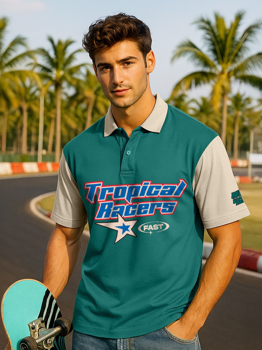 VEIRDO Men Green Printed Drop-Shoulder Pure Cotton Oversized Polo T-shirt