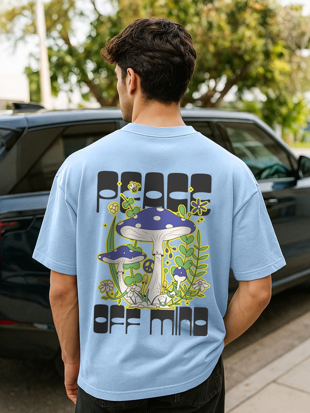 VEIRDO Men Blue Graphic Printed Round Neck Relaxed Fit Pure Cotton Oversized T-Shirt