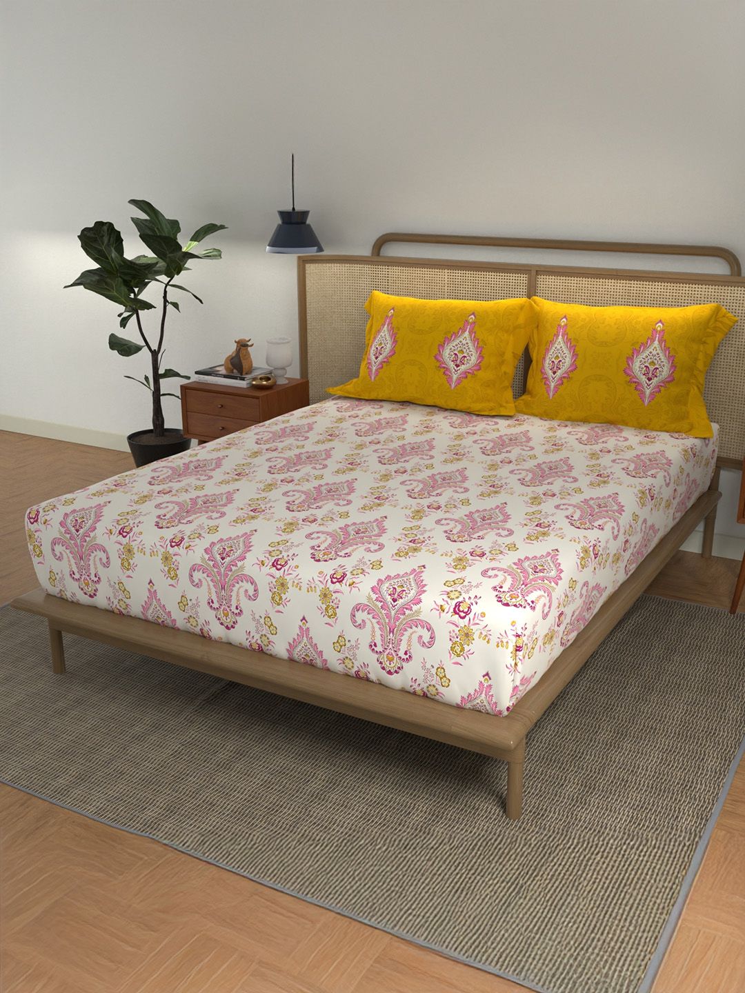 Cotton Queen Bedsheet With 2 Pillow Covers URBAN SPACE Cream Ethnic Motifs Cotton 180 TC Queen Bedsheet with 2 Pillow Covers-228 x 264 cm