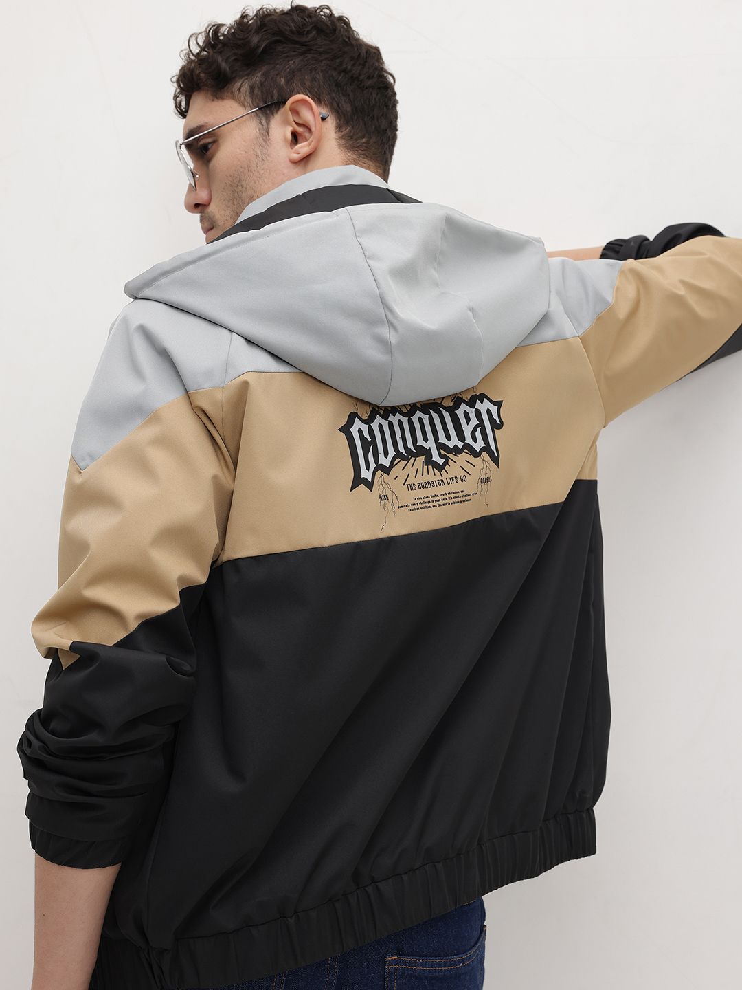 The Roadster Life Co. Colourblocked & Printed Hooded Bomber Jacket