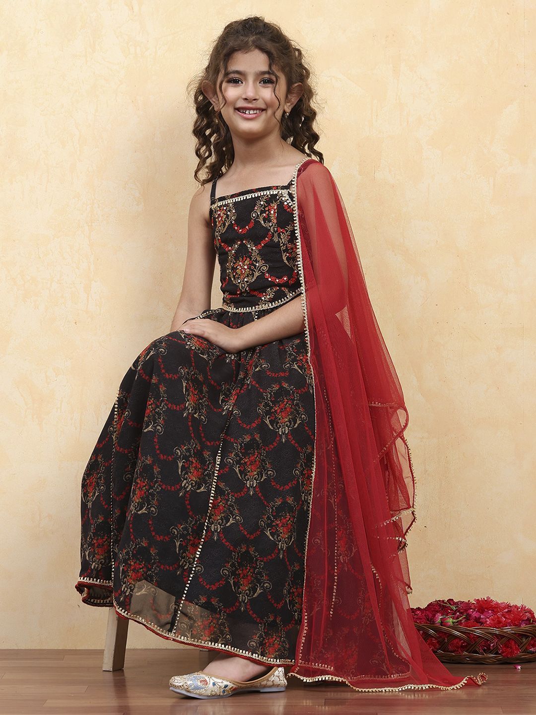 Biba Girls Floral Printed Sequinned Ready to Wear Lehenga & Choli With Dupatta