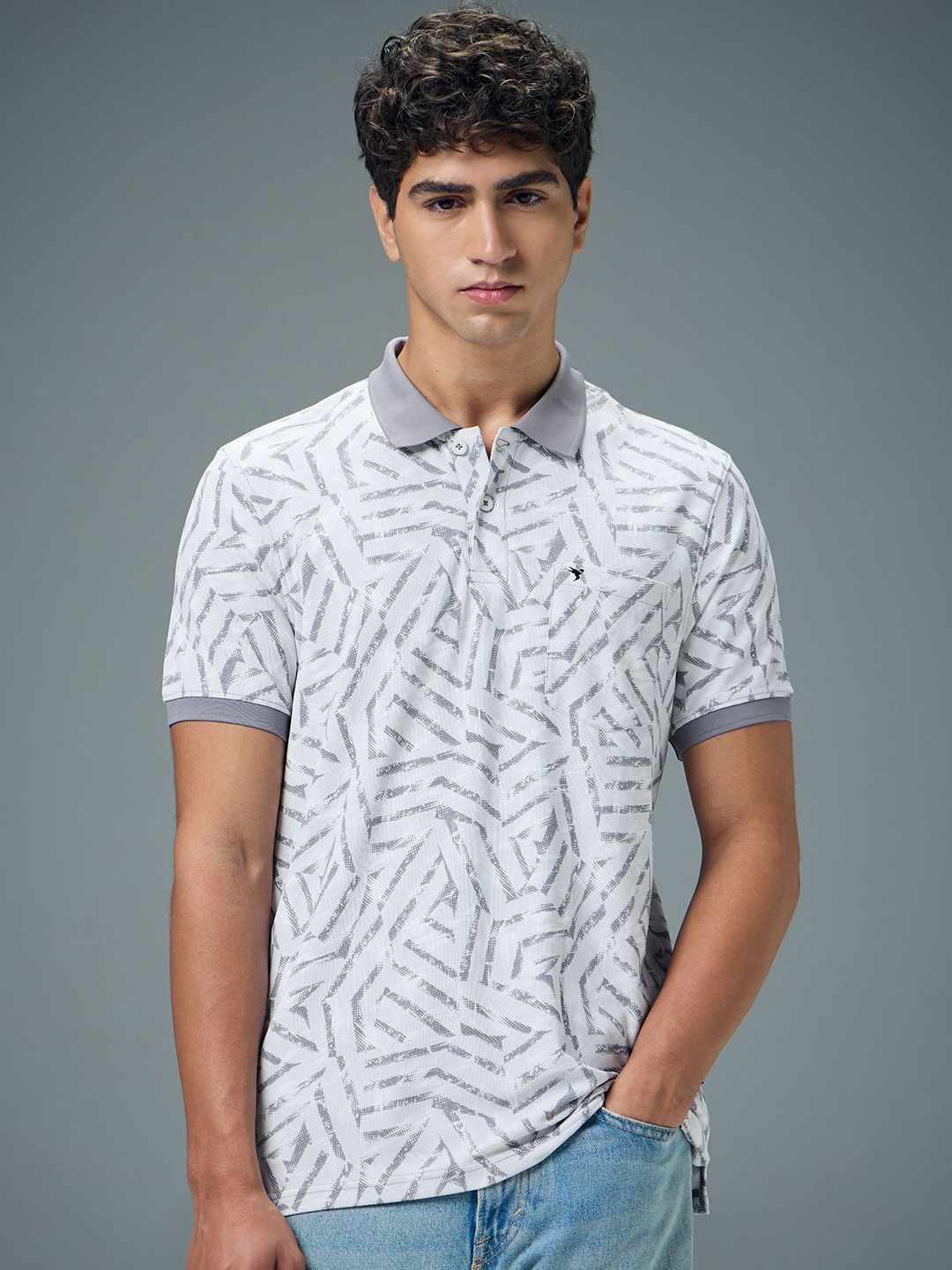 Technosport Geometric Printed Polo Collar Anti Static Slim Fit T-shirt