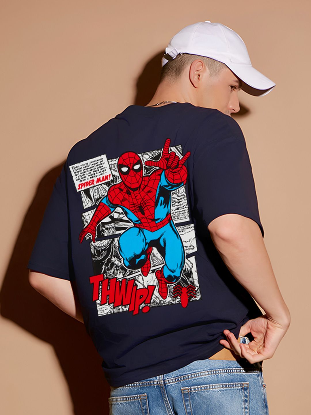BDSQUARE Men Spider-Man Graphic Printed Round Neck Cotton Oversized T-shirt