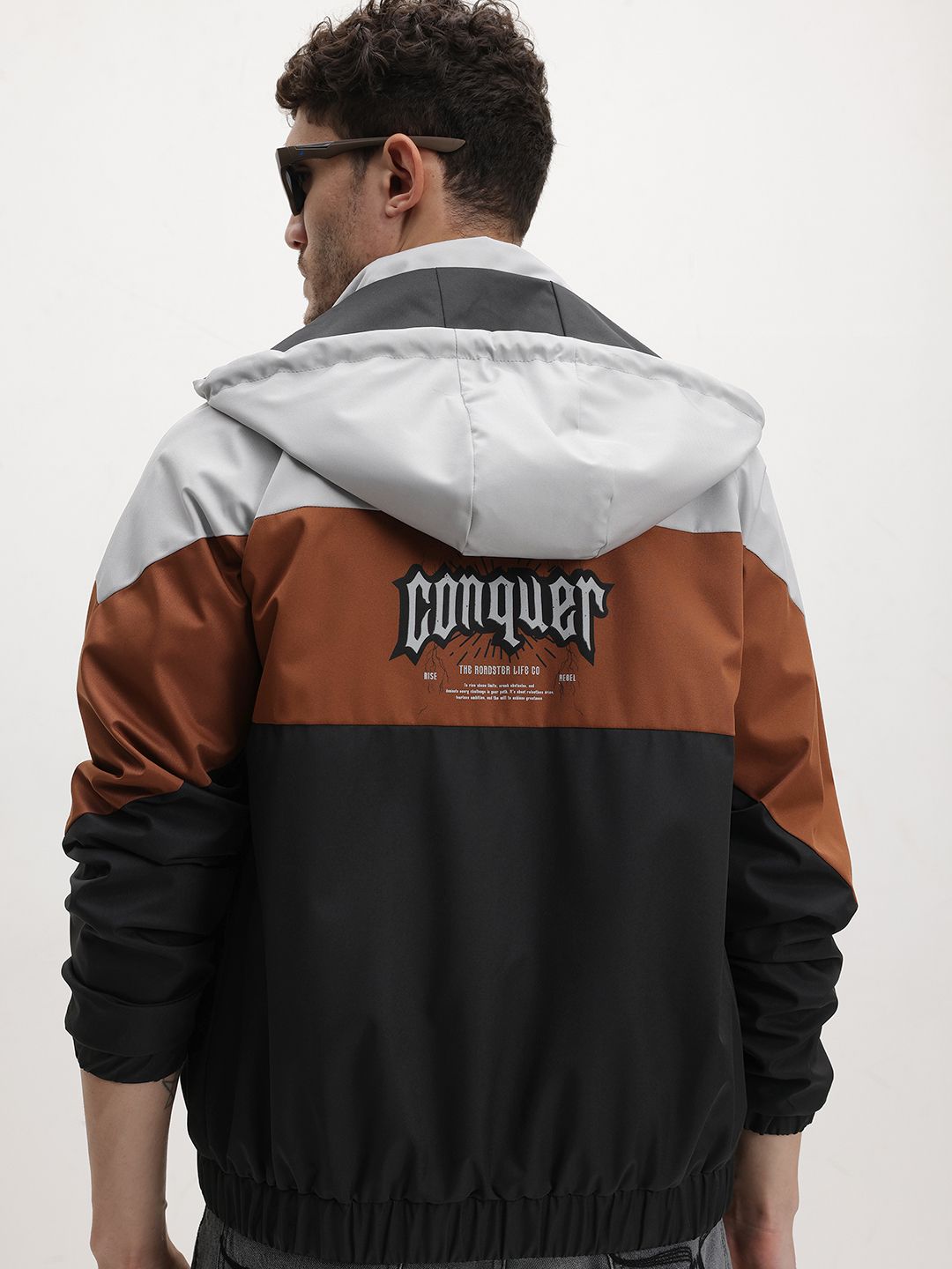 The Roadster Life Co. Colourblocked & Printed Hooded Bomber Jacket