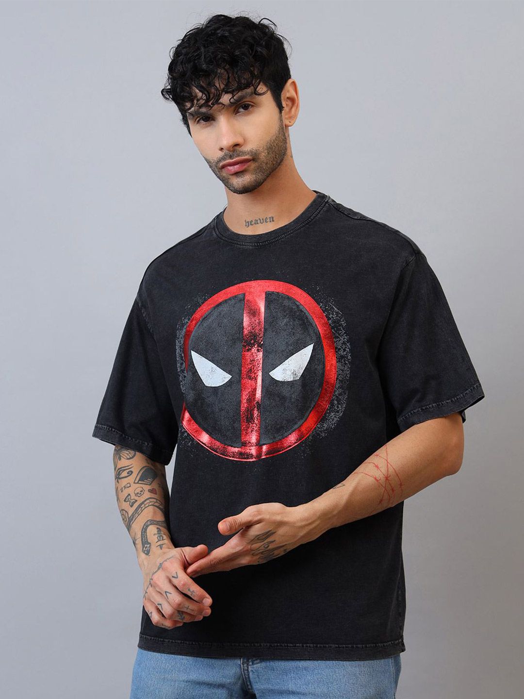 Free Authority Men Deadpool Graphic Printed Round Neck Pure Cotton Oversized T-shirt