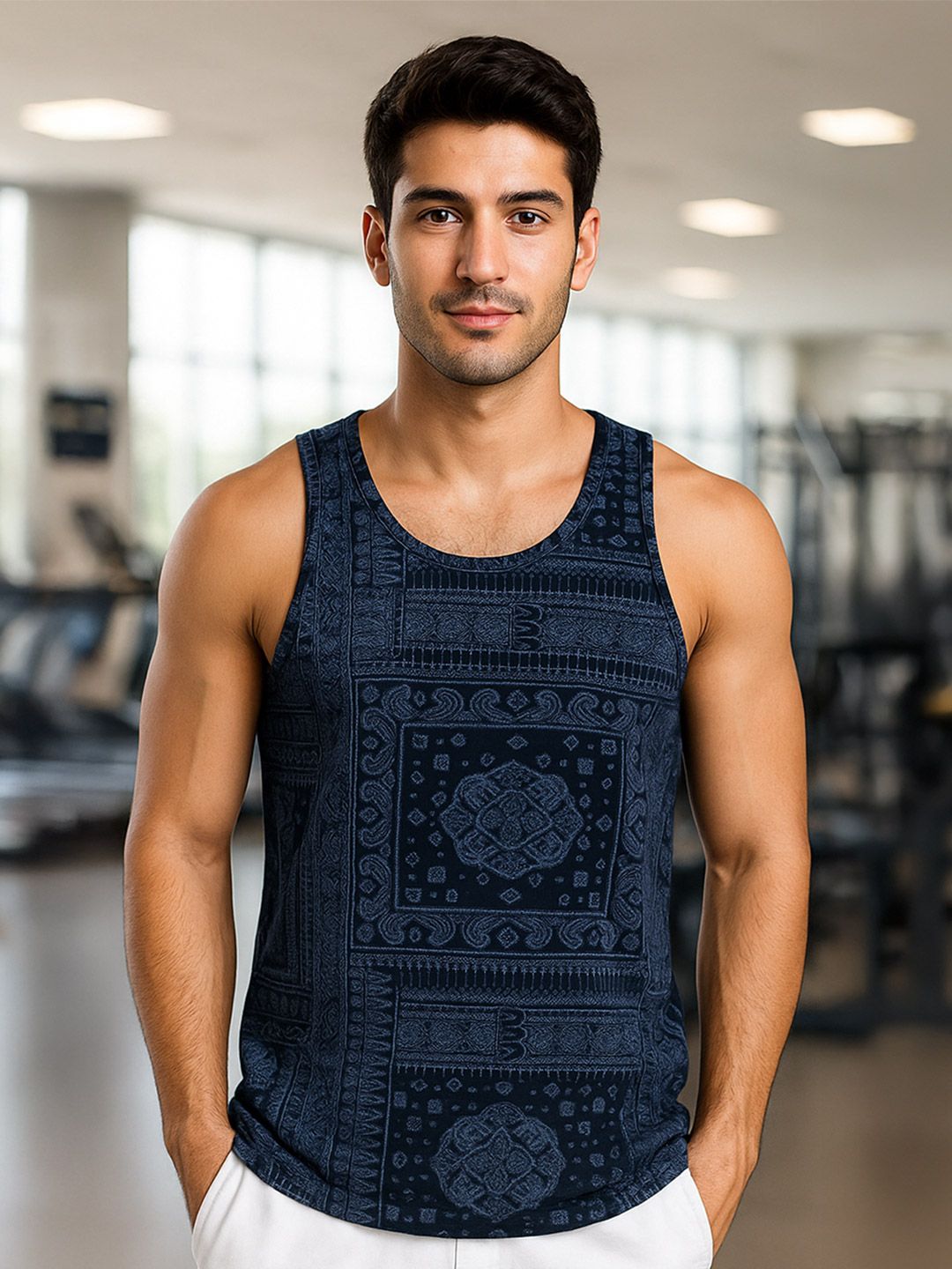 VEIRDO Navy Blue Ethnic Printed Sleeveless Pure Cotton T-shirt