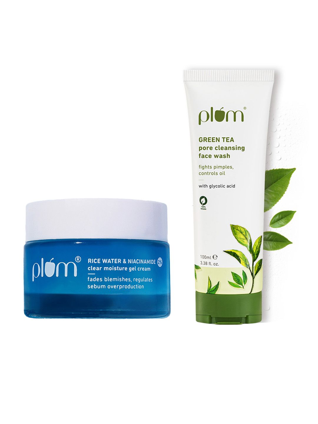 Plum Plum Set of Green Tea Face Wash 100ml & Rice Water & Niacinamide Gel Cream 50g