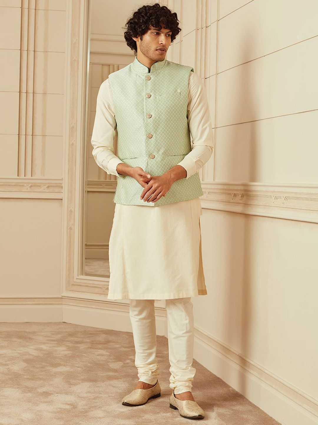 Tasva Woven Design Mandarin Collar Jacquard Nehru Jacket
