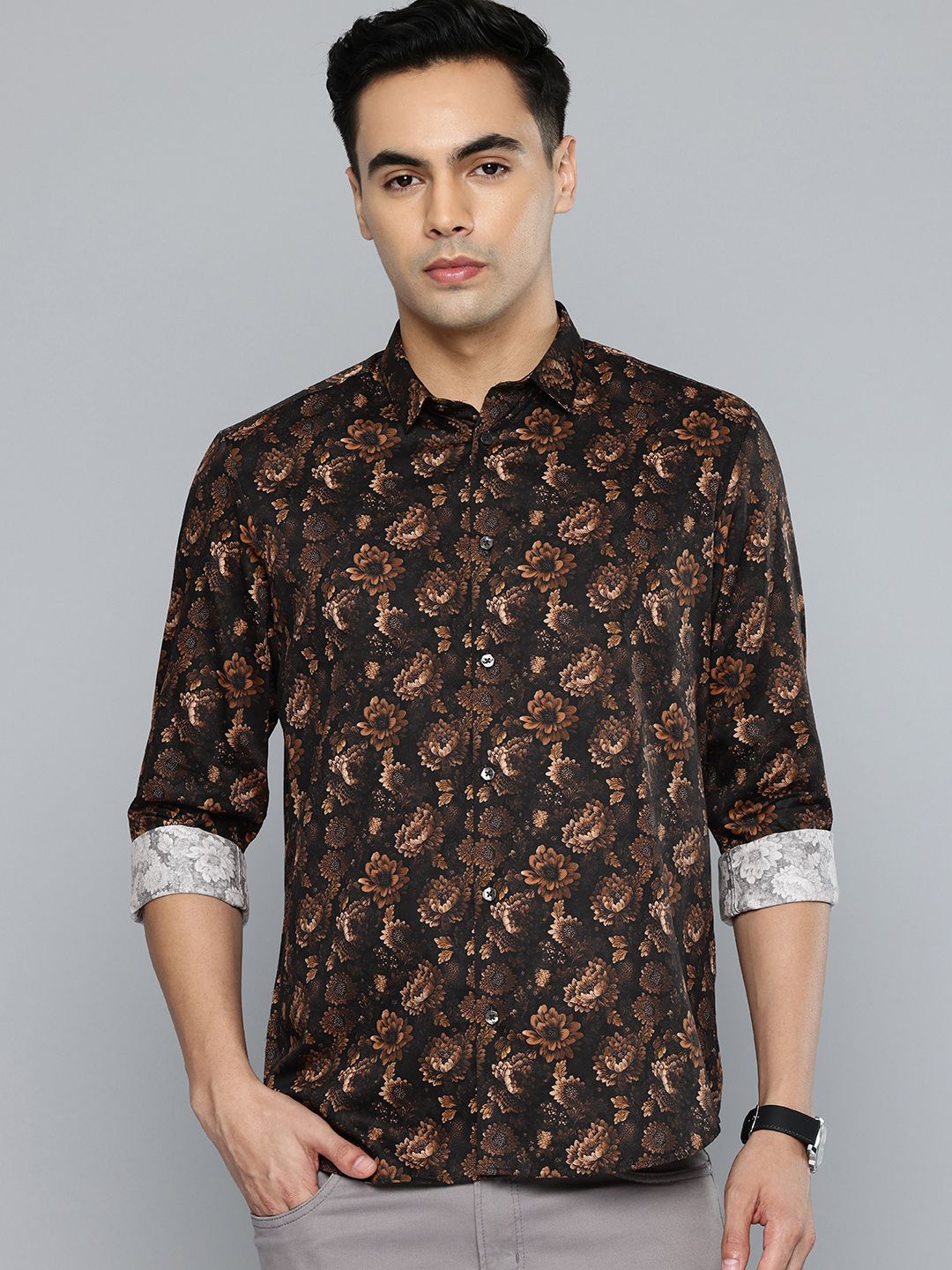 Indian Terrain Indian Terrain Classic Slim Fit Floral Printed Pure Cotton Casual Shirt