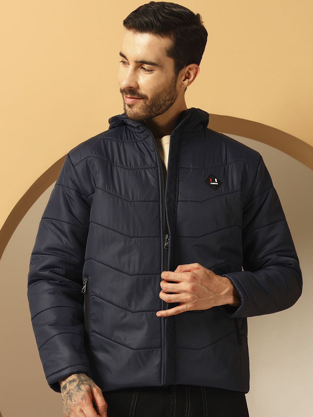 Metronaut Mock Collar Long Sleeves Checked Puffer Jacket