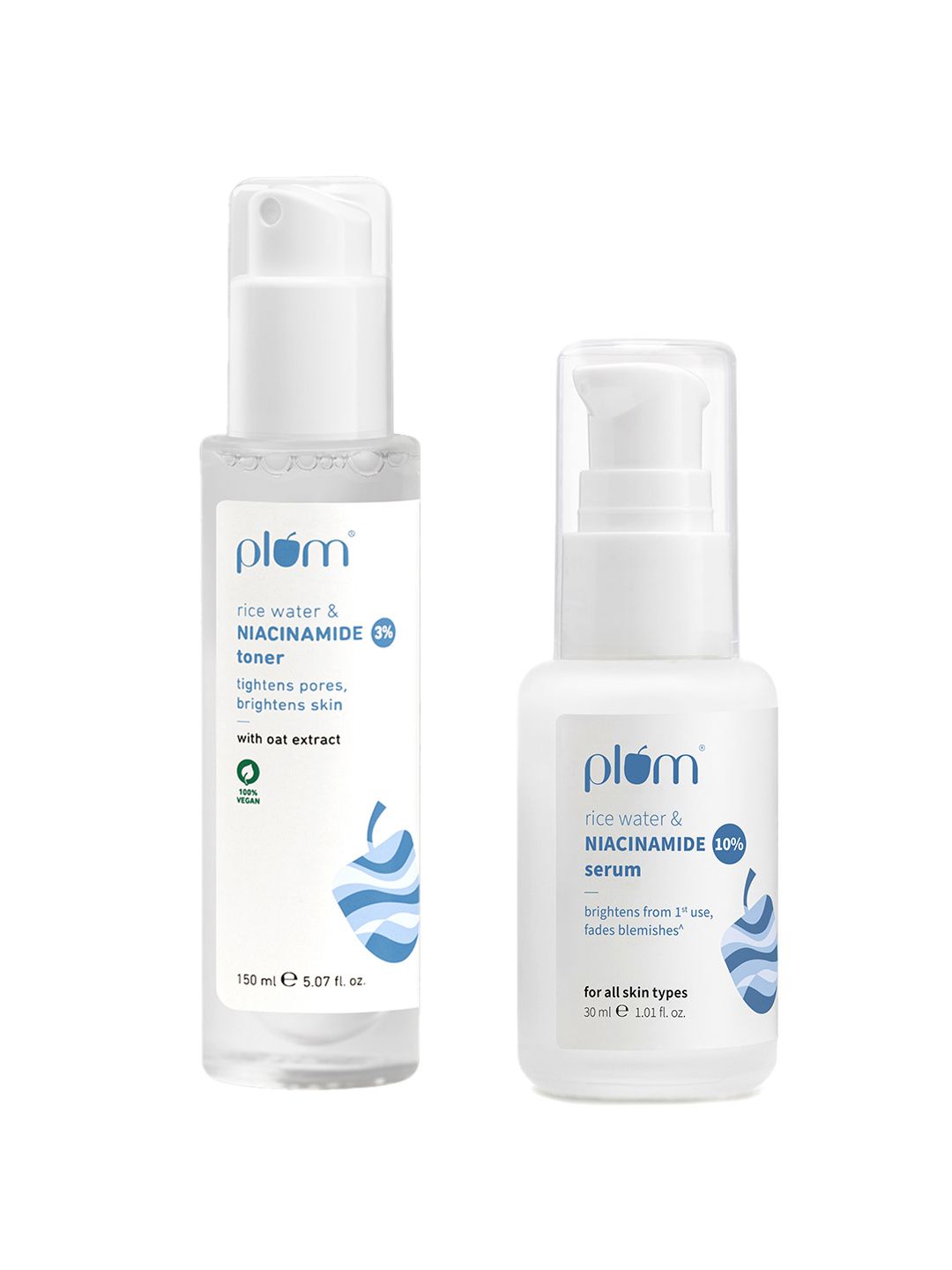 Plum Plum Niacinamide & Rice Water Skin Care Combo - Face Serum 30ml & Toner 150ml