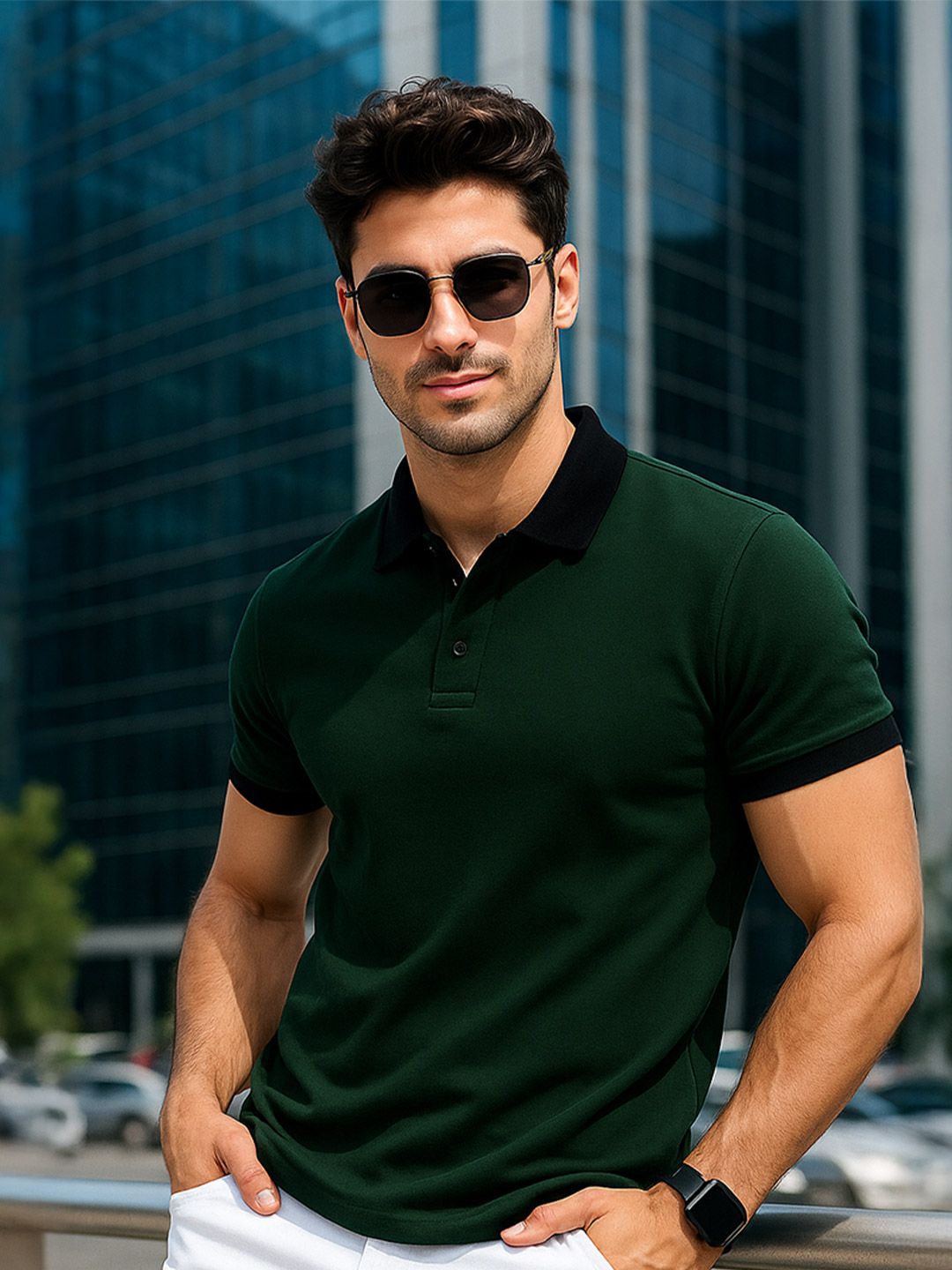 VEIRDO Men Green Solid Regular Fit Pure Cotton Polo T-Shirt