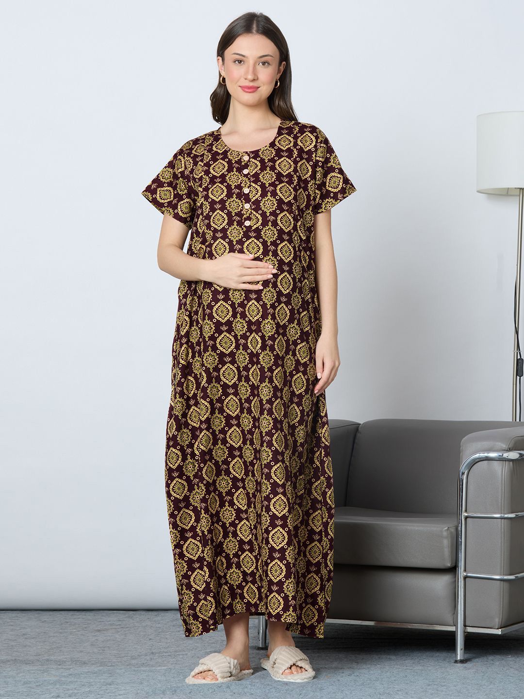 MomToBe Women Printed Maternity Maxi Nightdress