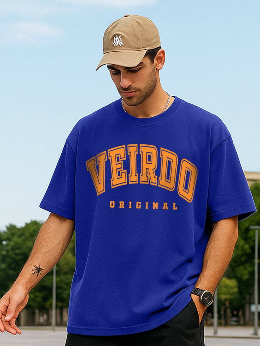 VEIRDO Men Royal Blue Typography Printed Round Neck Pure Cotton Oversized T-shirt